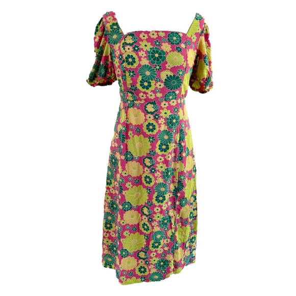Glamorous Dresses & Skirts - Glamorous Pink Green Yellow Size 8 Dress Floral Tie Back Square Neck Side Split